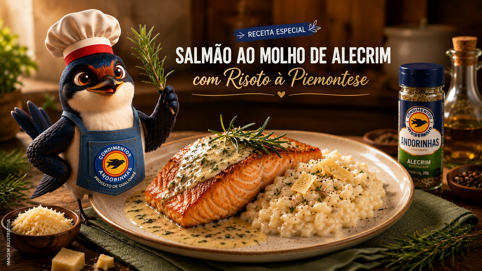 SALMÃO AO MOLHO DE ALECRIM COM RISOTO À PIEMONTESE